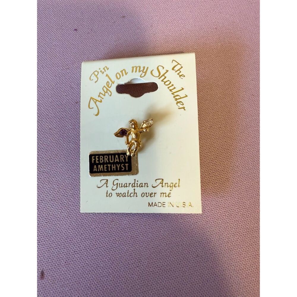"Angel on my Shoulder" lapel pin with a "February Amethyst" birthstone